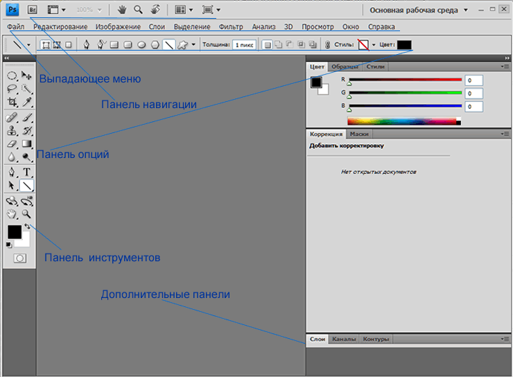 Интерфейс Adobe Photoshop CS4 и его основные элементы, представленные в виде панелей